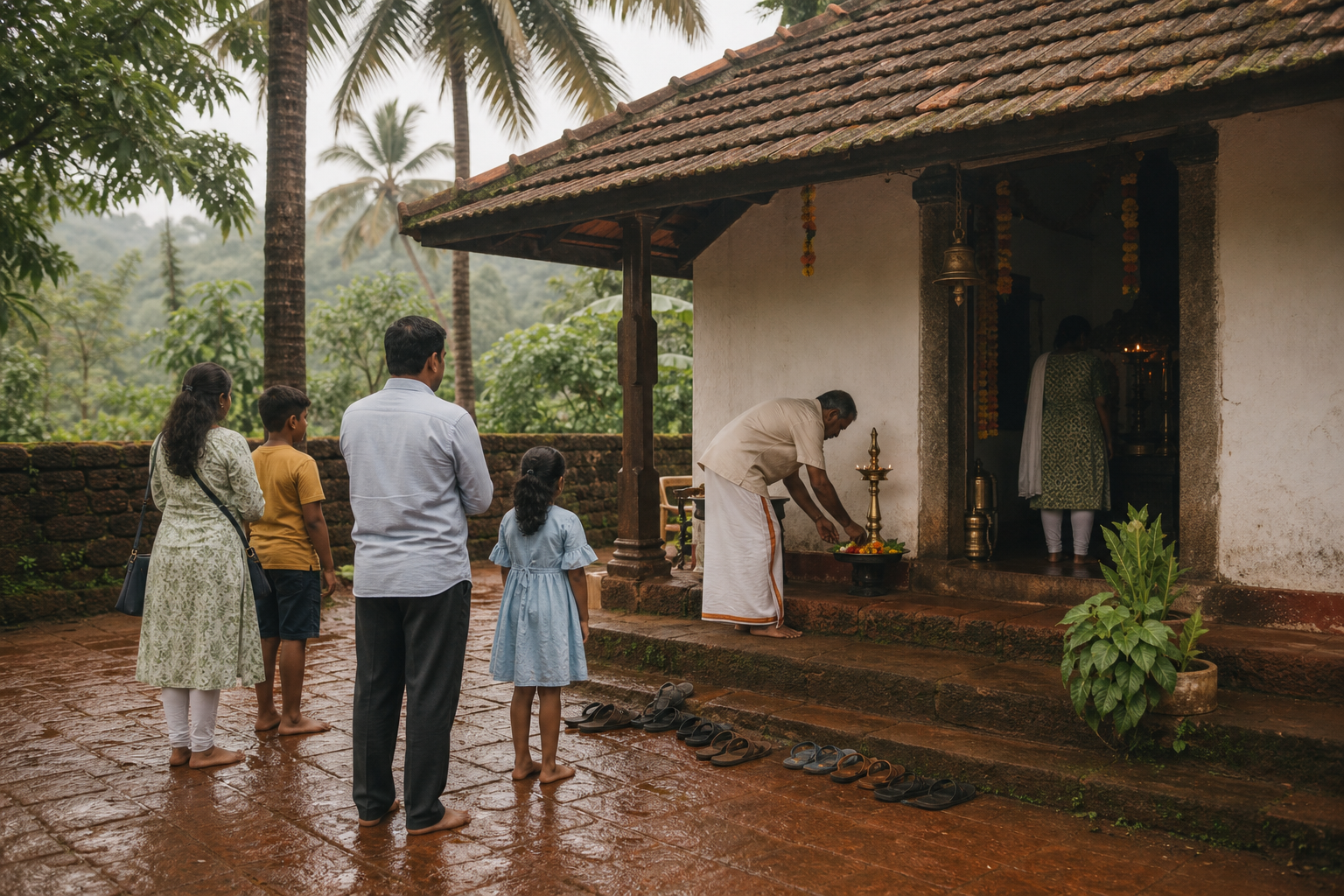 Visitors pause respectfully at the threshold of a small Konkan-style shrine while a devotee places flowers beside a brass lamp.