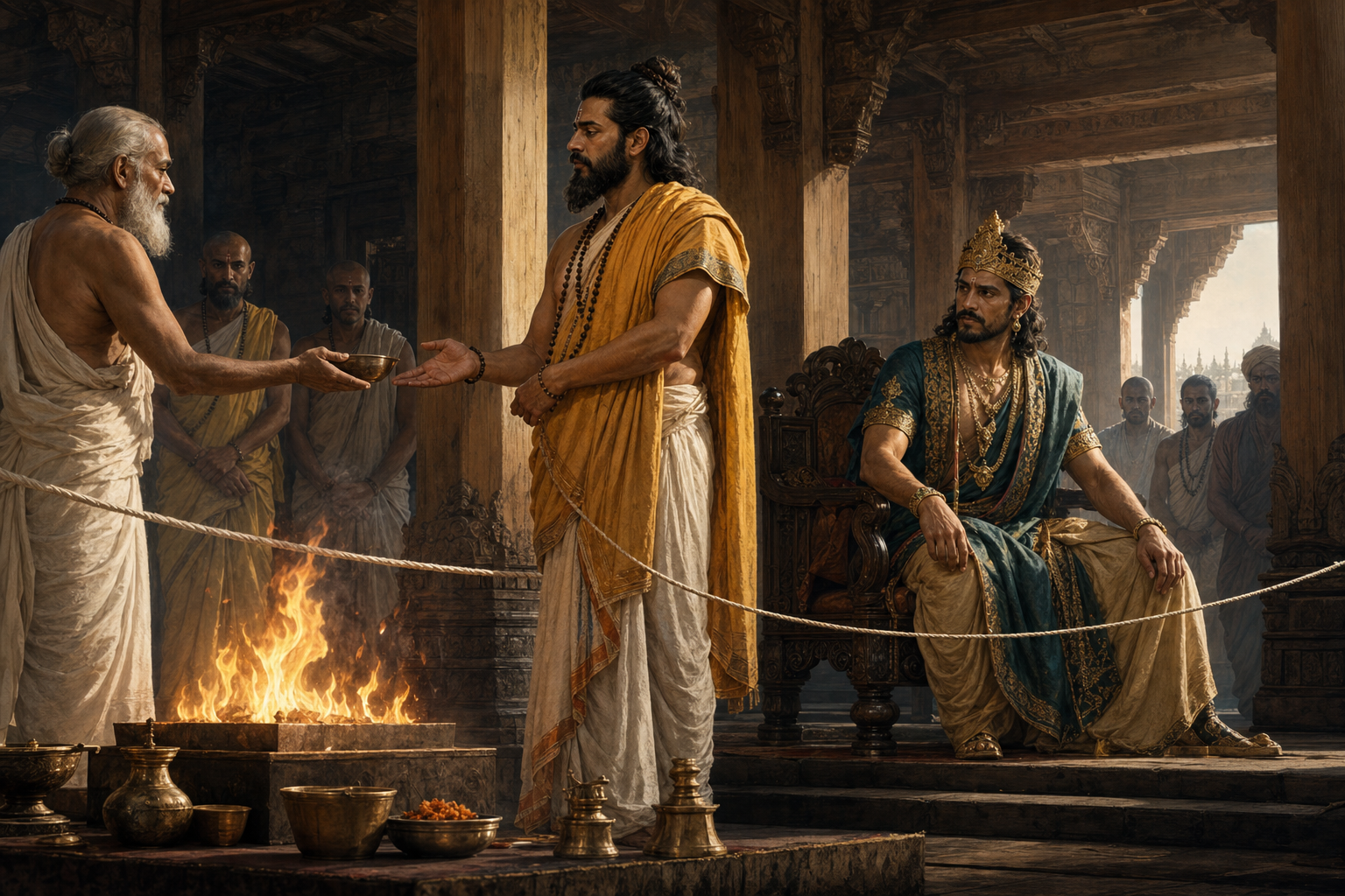 Somashrava honors a Brahmin's request beside the sacred fire while King Janamejaya watches without intervening.