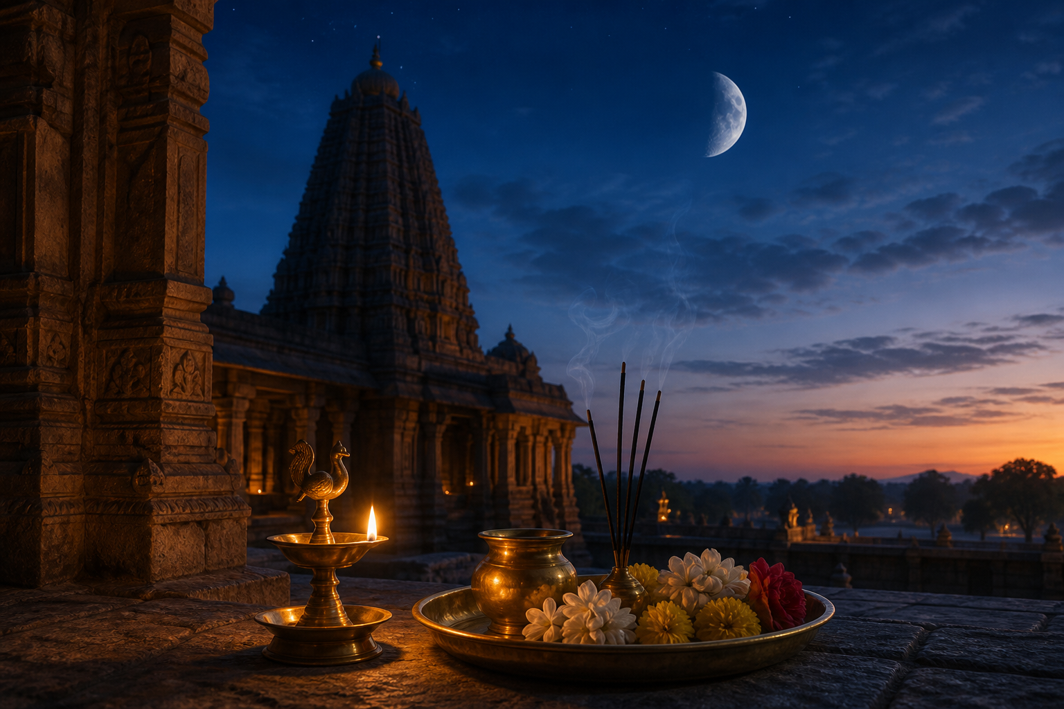 A moonlit Hindu temple courtyard with a glowing brass oil lamp and puja offerings before dawn.