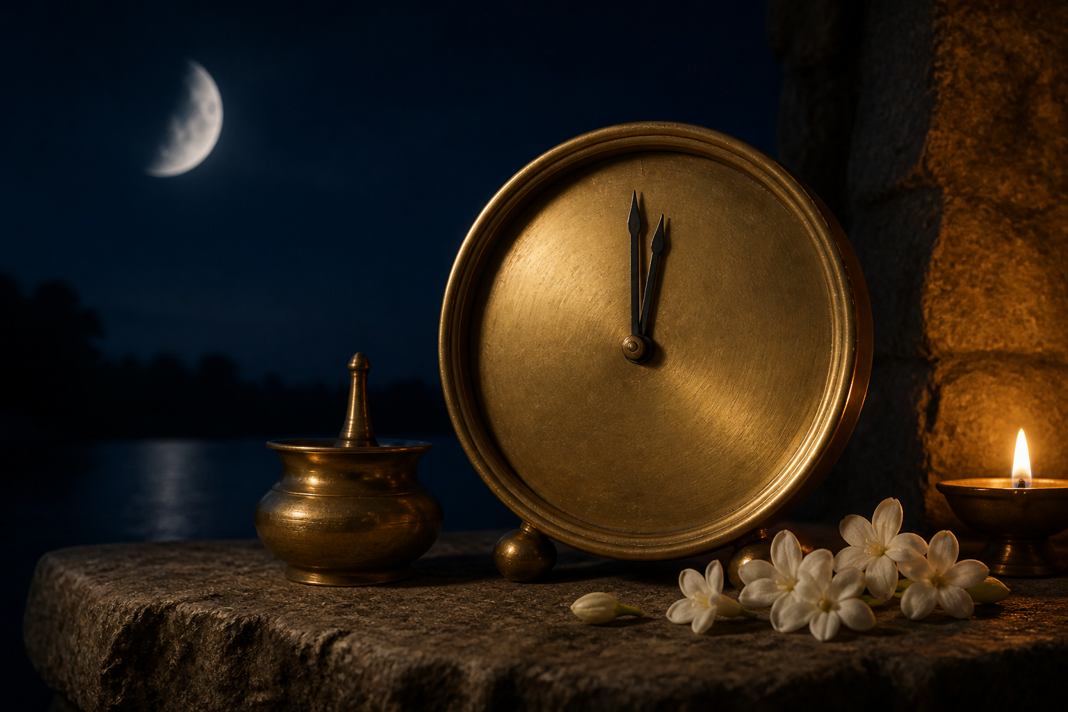 An unmarked brass clock, a traditional water vessel, and jasmine flowers illuminated by moonlight and lamplight at night.