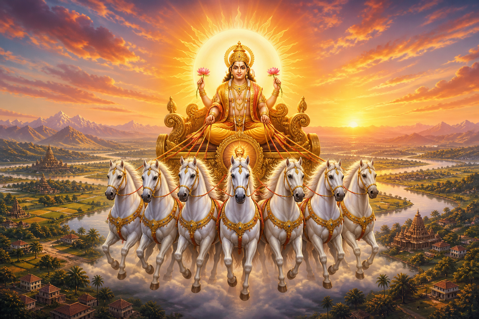A radiant figure of Surya rides a chariot drawn by seven white horses above an Indian landscape illuminated by dawn.