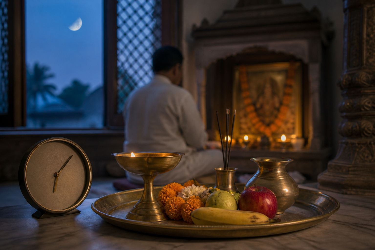 A devotee prepares a flower-filled puja tray in a home shrine before sunrise while the moon is visible through a window.