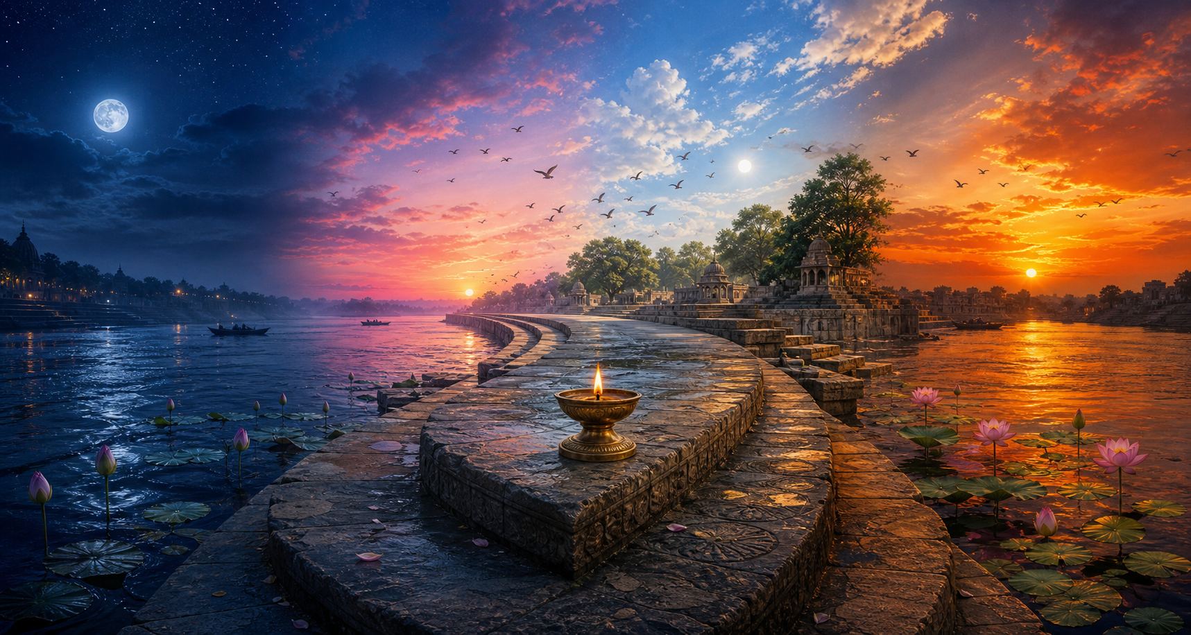 Stone steps and a brass oil lamp remain beside a flowing river as the surrounding light changes from night through day and sunset.