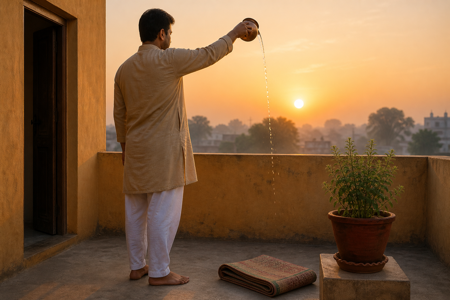 A person on a home terrace pours water from a copper vessel toward the rising sun beside a folded mat and tulsi plant.