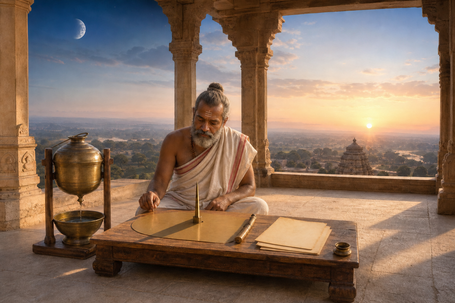 A Hindu ritual practitioner observes the moon, sunrise, a sundial shadow, and a water clock from a temple pavilion.
