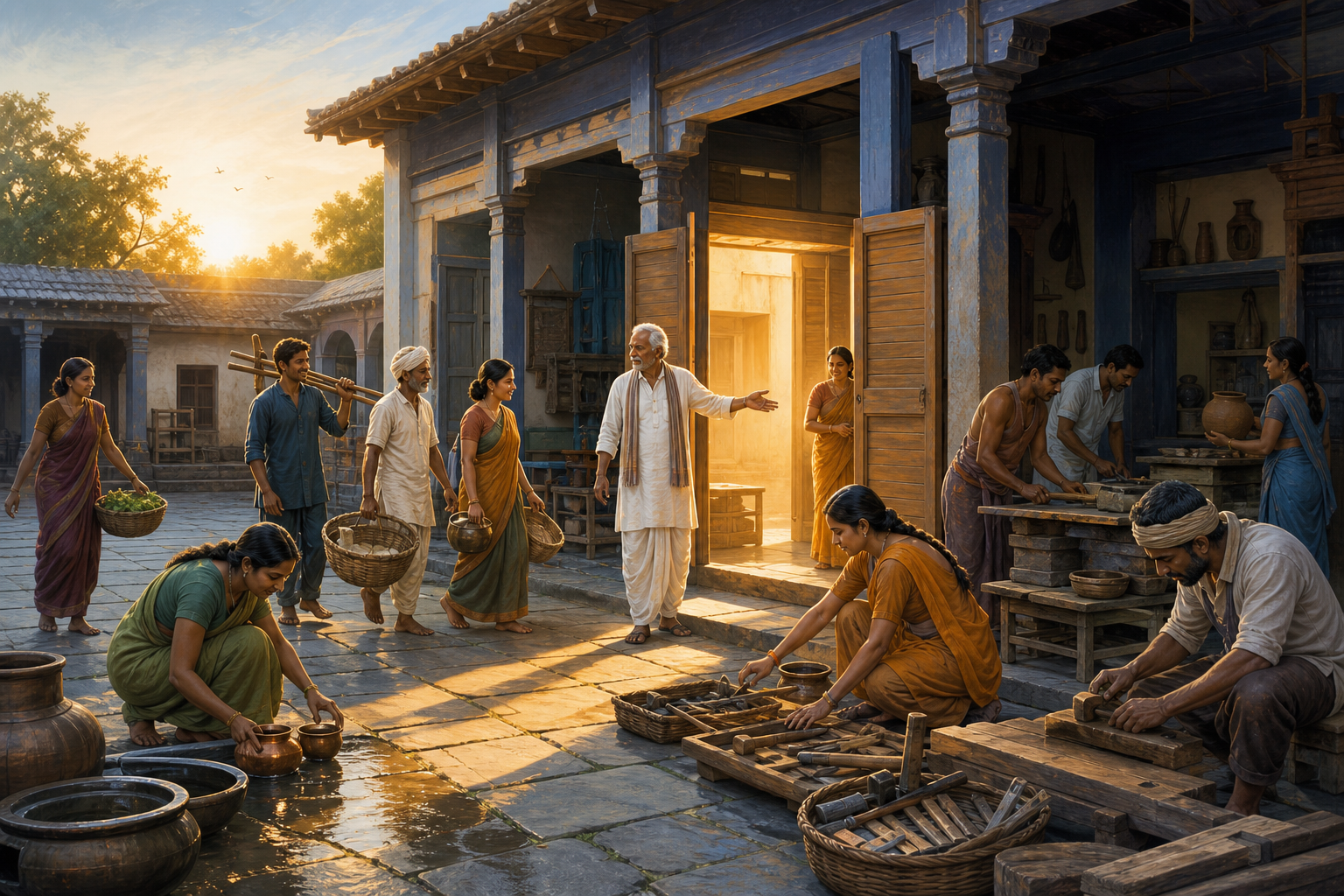 A community leader opens a courtyard workshop at sunrise as people arrive to organized work areas with tools and baskets.
