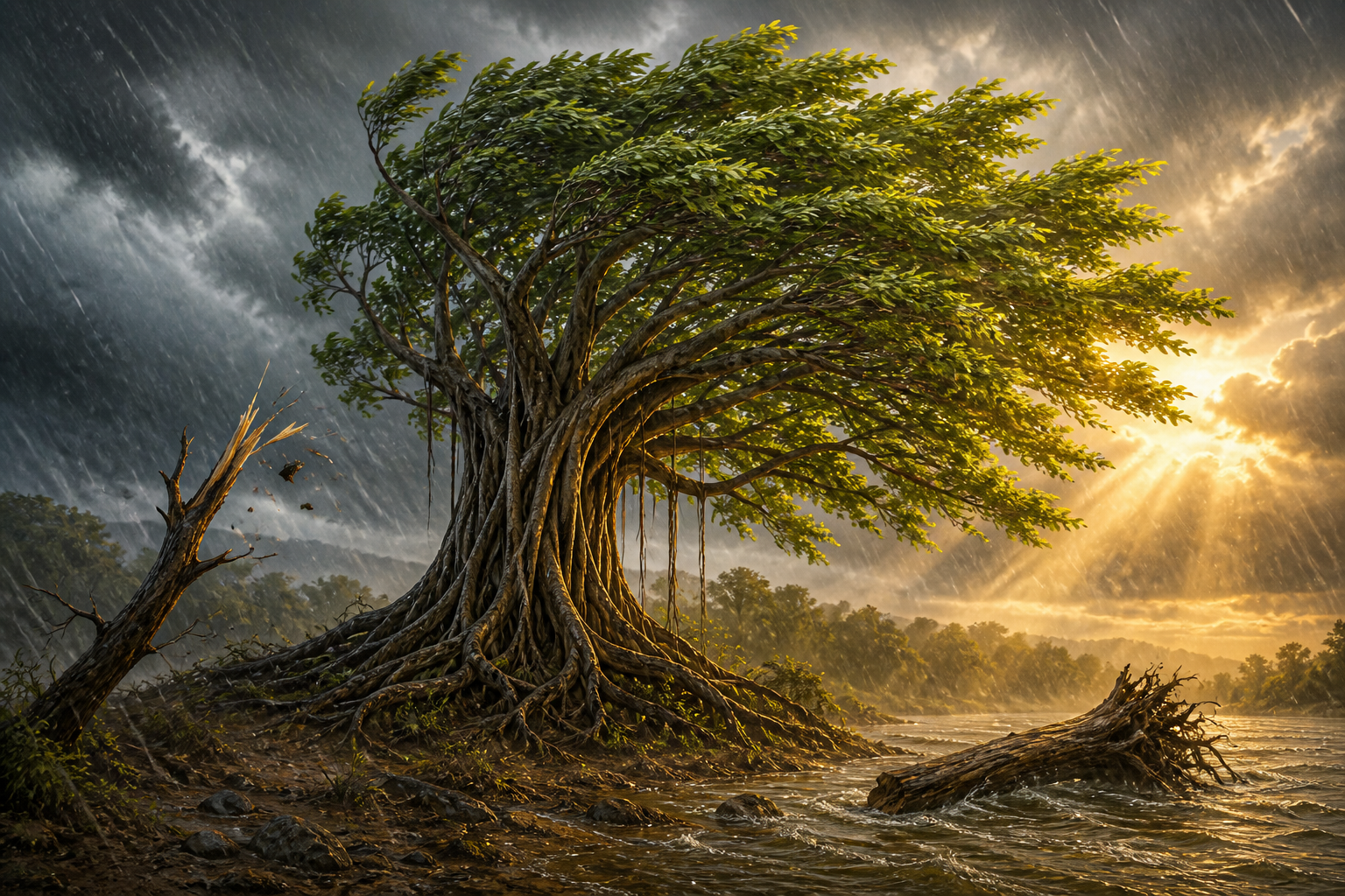 A rooted banyan tree bends in monsoon wind between a snapping dead branch and an uprooted log drifting in water.