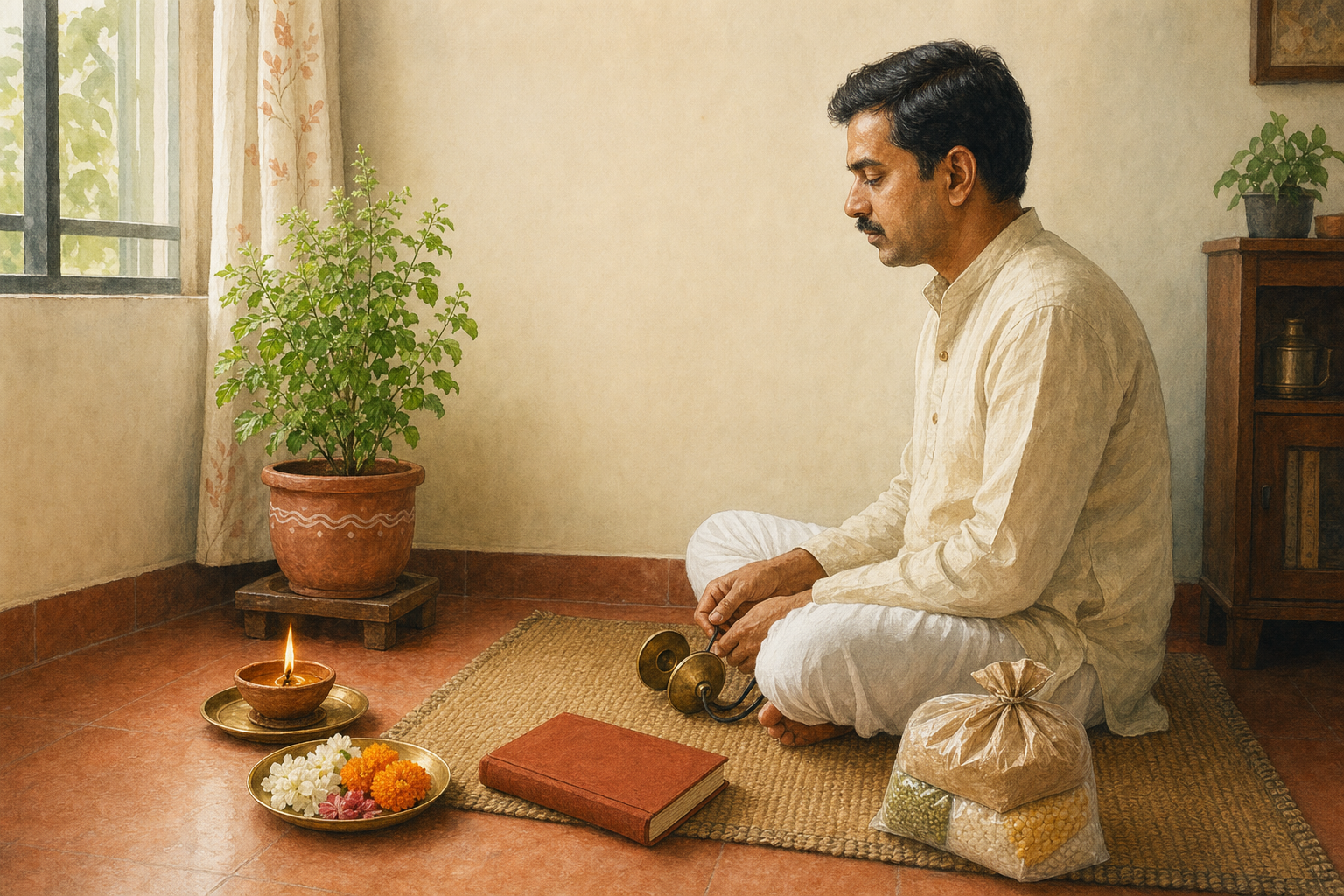 A devotee sits at a simple home prayer corner with a clay lamp, tulsi plant, hand cymbals, flowers, devotional book, and a food parcel for donation.