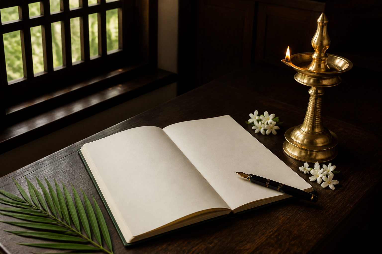An open blank planner beside a brass oil lamp, jasmine flowers, a palm leaf, and a pen on a wooden desk.