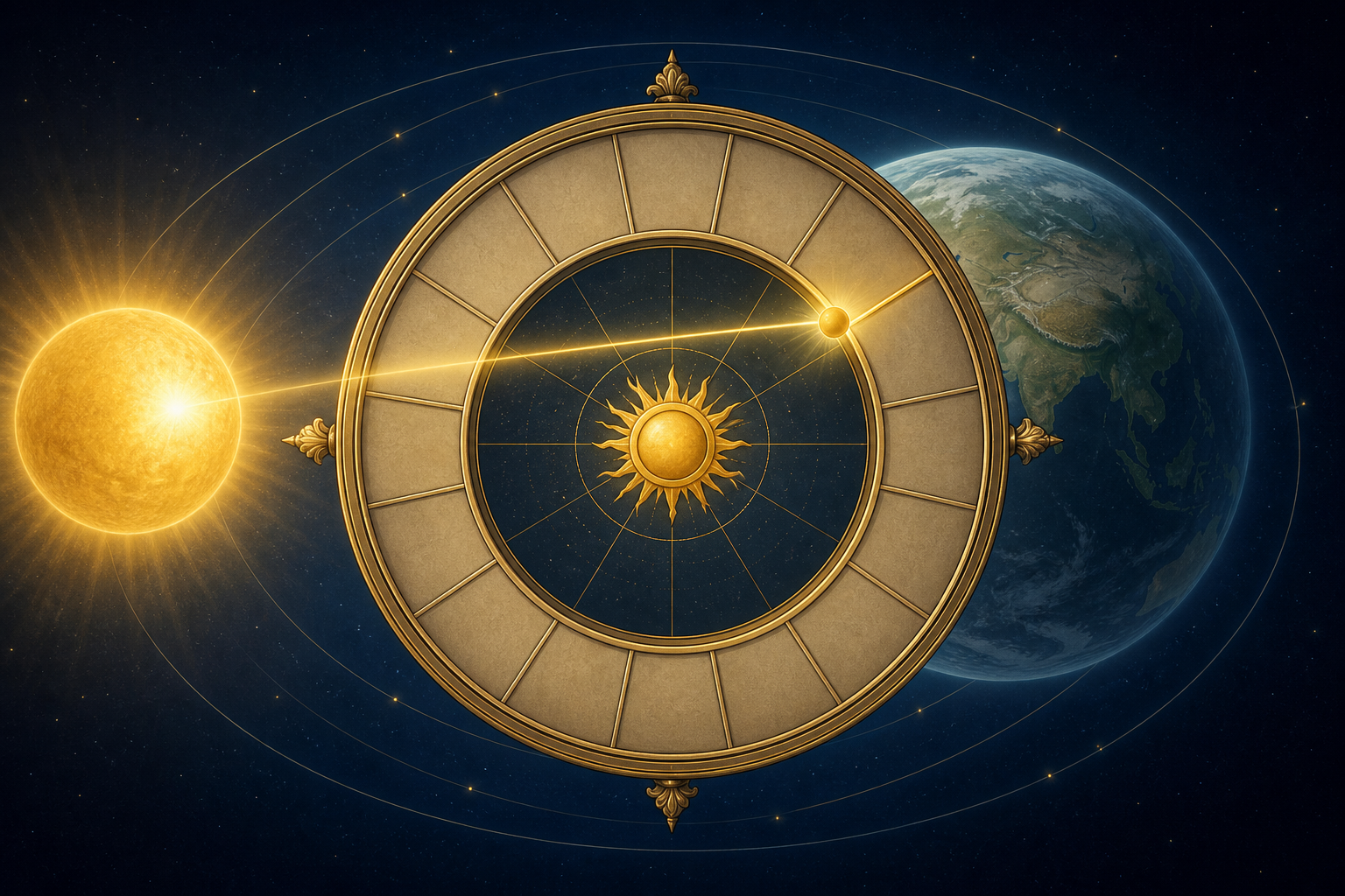 A glowing sun and Earth beside an unmarked circular celestial instrument with a light point crossing a segment boundary.