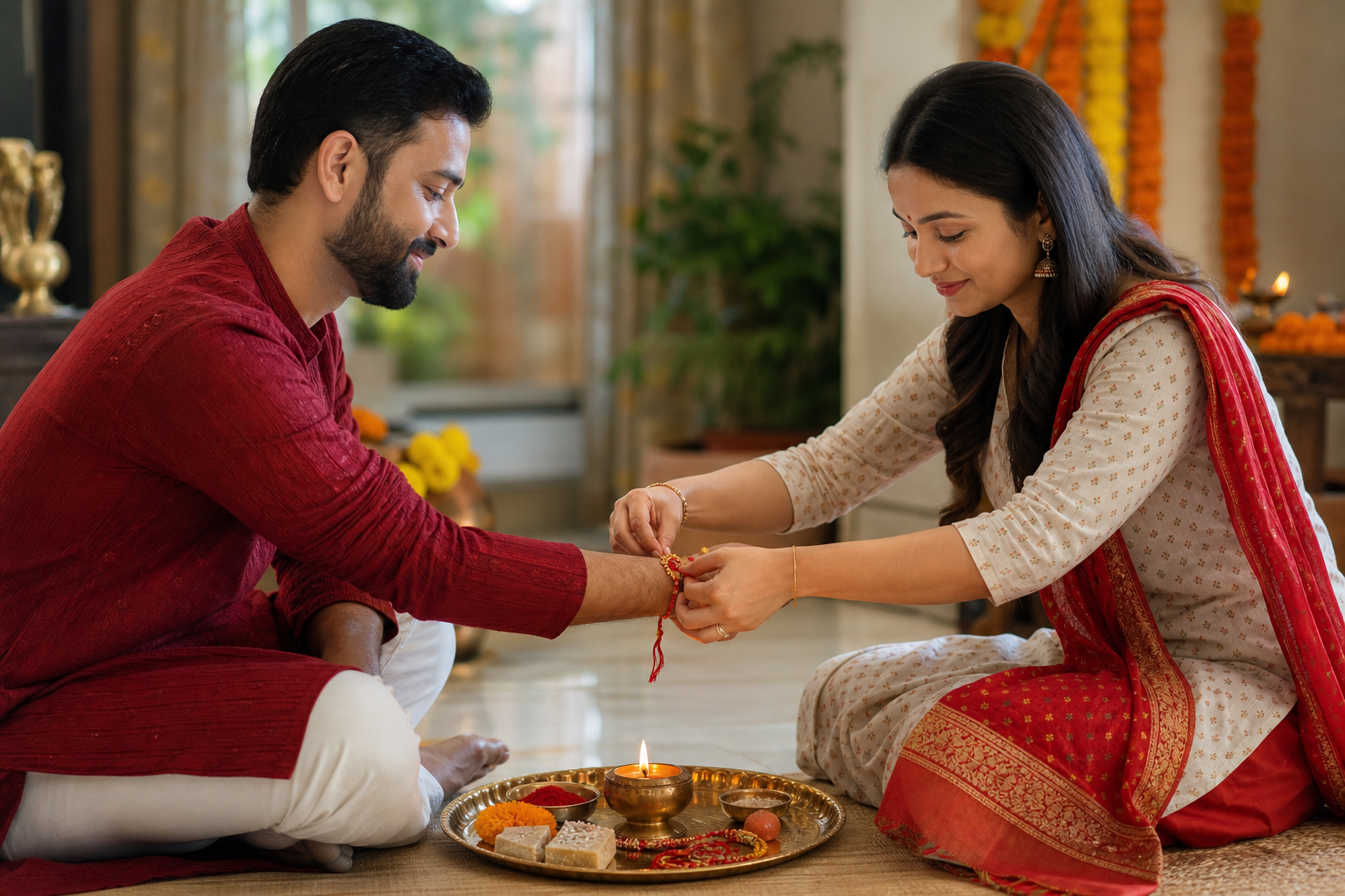 A sister ties a red-and-gold rakhi around her brother's right wrist beside a lit puja thali in a decorated home.