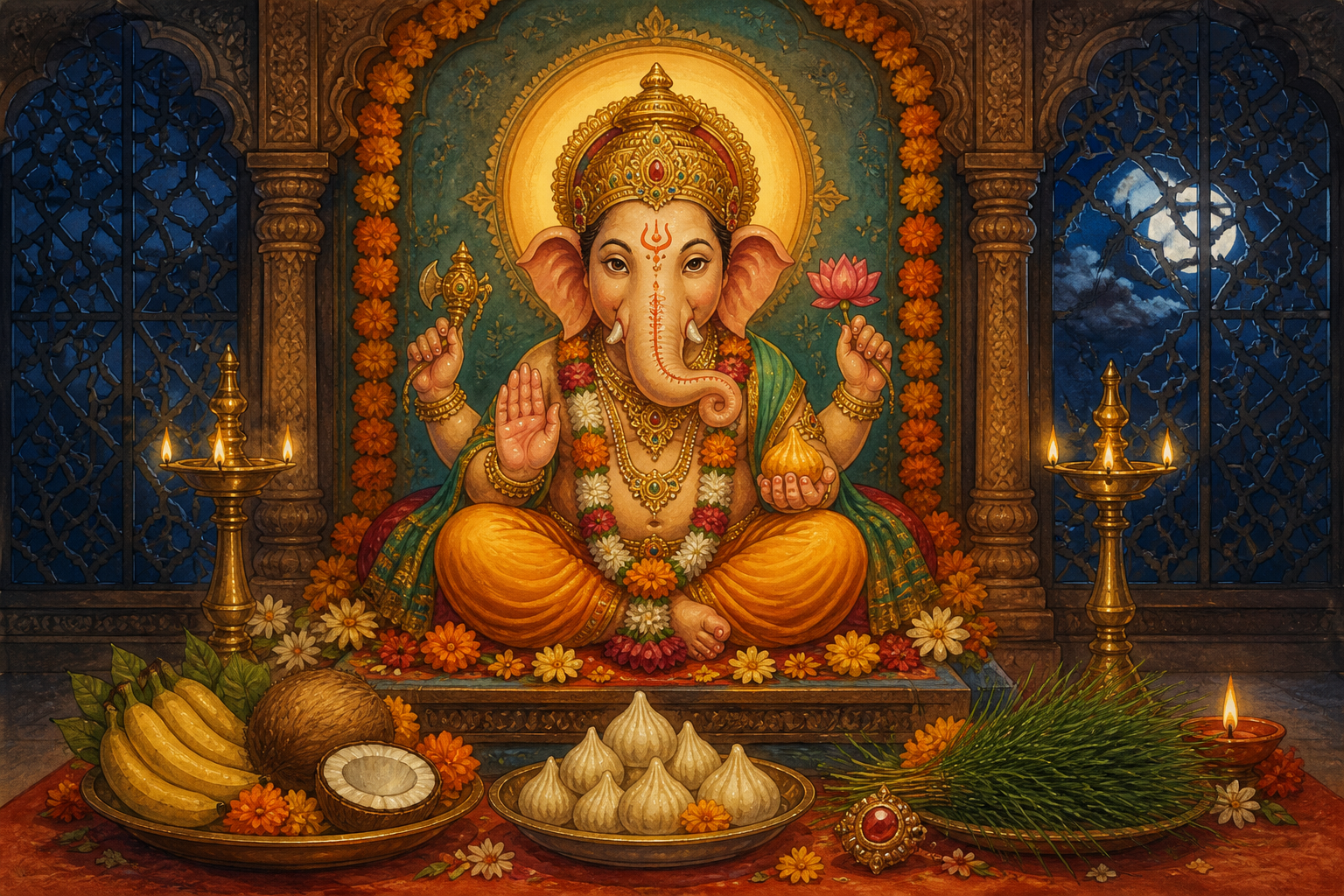 Lord Ganesha sits at a lamplit Ganesh Chaturthi shrine while the evening moon is partly hidden behind a window screen and cloud.