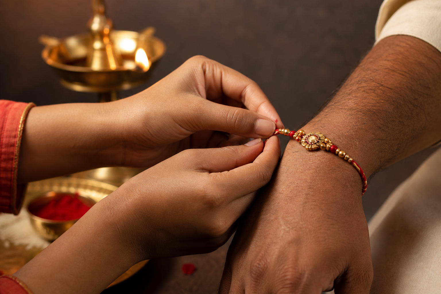 Close-up of a sister securing the knot of a handmade rakhi on her brother's right wrist.