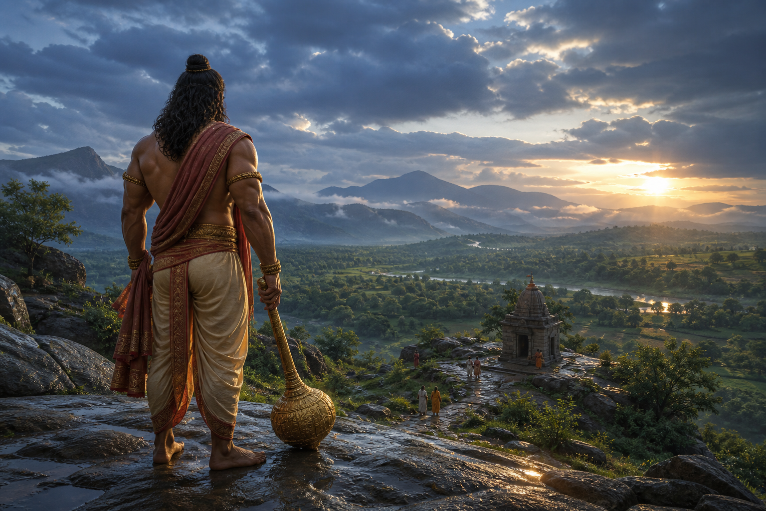 A mythic figure of Bhima holding a gada overlooks a local stone shrine and green North Indian foothills at sunrise.