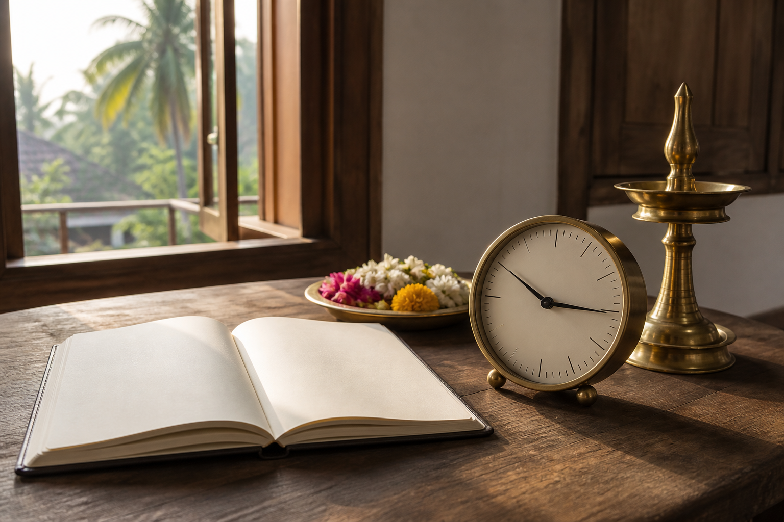 A blank diary and brass analog clock beside a flower offering tray and oil lamp on a wooden table at dawn.