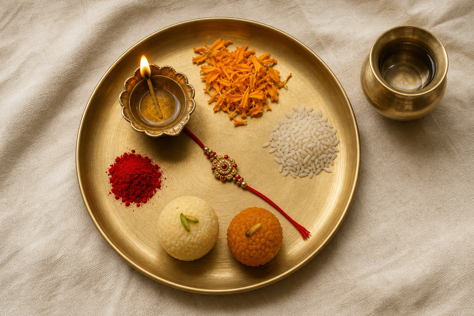 An overhead view of a brass Raksha Bandhan puja thali with a diya, rakhi, roli, rice, flowers, sweets, and a small water vessel.