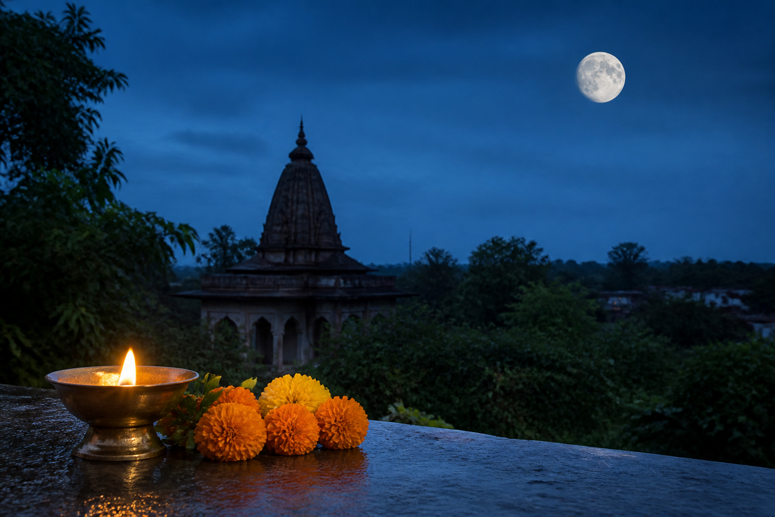 A slightly waning moon hangs above a small temple while a brass lamp and marigolds rest on a stone ledge.
