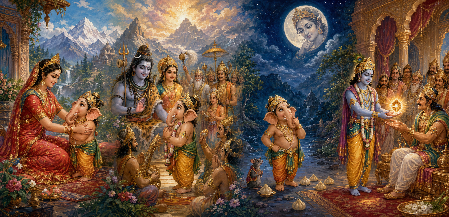A panoramic illustration links Ganesha's welcome by Parvati, his appointment as leader of the ganas, Chandra's proud reaction, and Krishna returning the radiant Samantaka jewel.