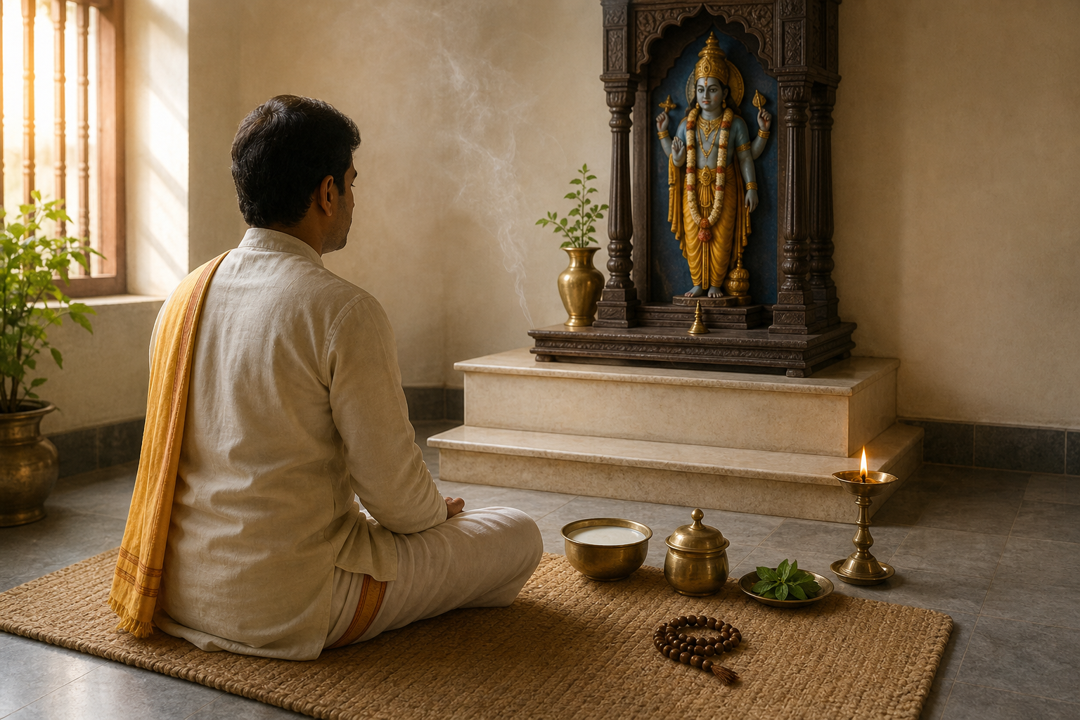 A seated devotee prays before a Vishnu shrine with a bowl of milk, tulsi leaves, prayer beads, water vessel, and oil lamp.