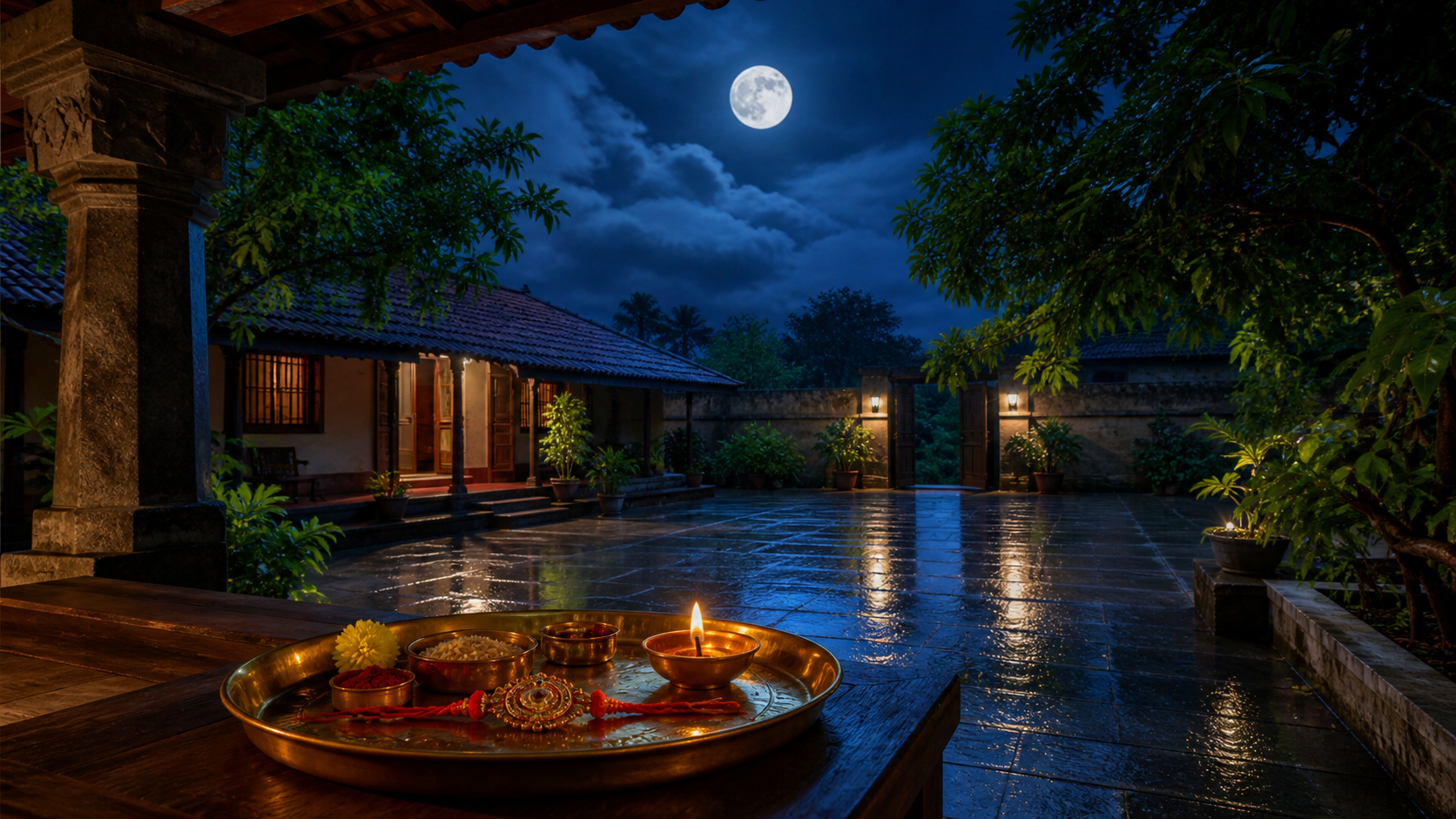A full moon shines over a rain-washed home courtyard while a Raksha Bandhan puja thali waits on the veranda.