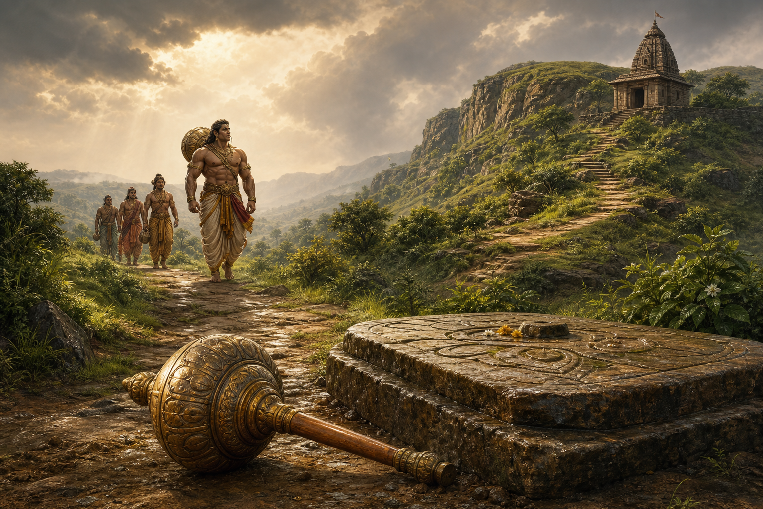 A traditional gada beside a stone shrine path evokes Bhima's remembered victories in a green hillside landscape.