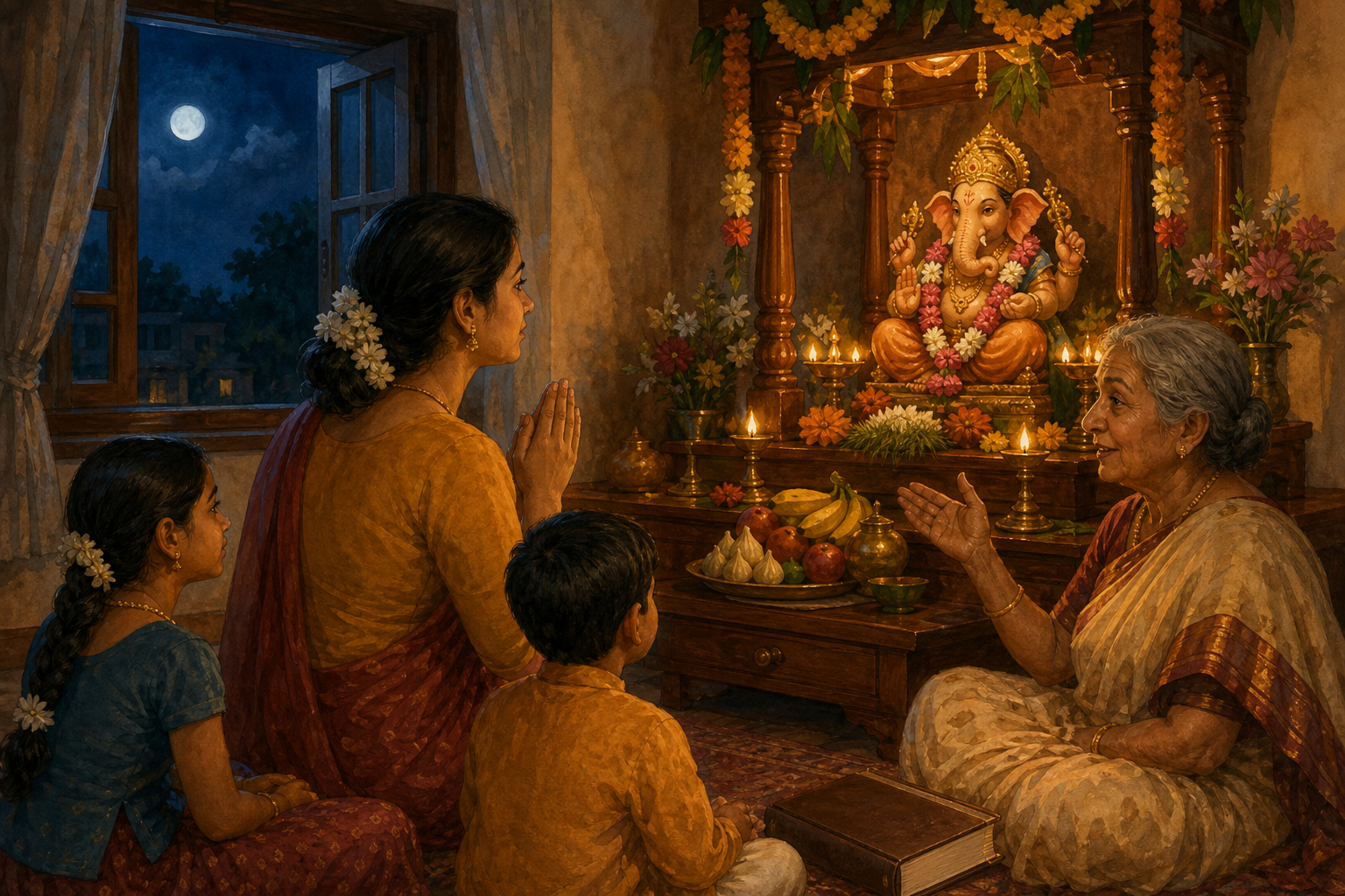 A family calmly gathers at a Ganesha shrine while an elder tells a story after the moon has been glimpsed through an open window.
