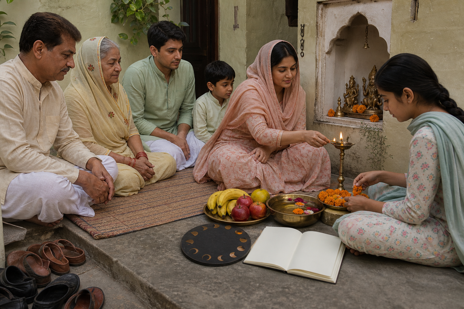 A family gathers in a home courtyard to light a lamp and arrange flowers, fruit, and water at a small devotional alcove.
