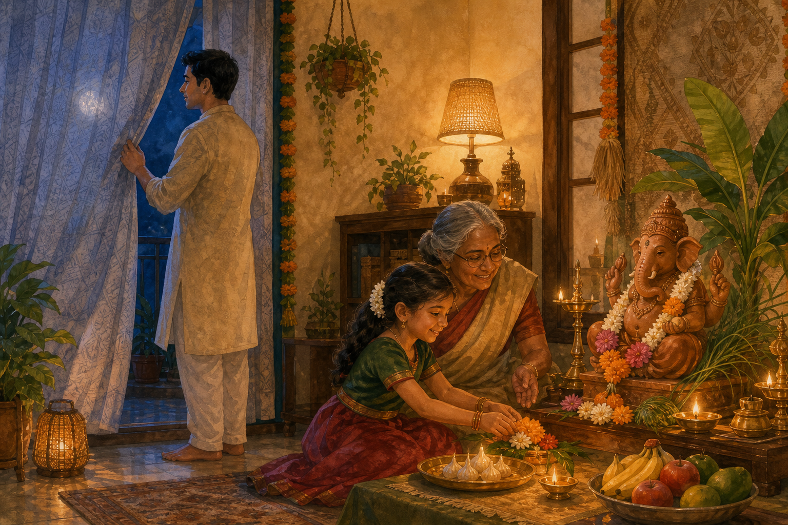 A parent gently closes a curtain over a moonlit window as a child and grandparent continue a peaceful Ganesh Chaturthi puja.