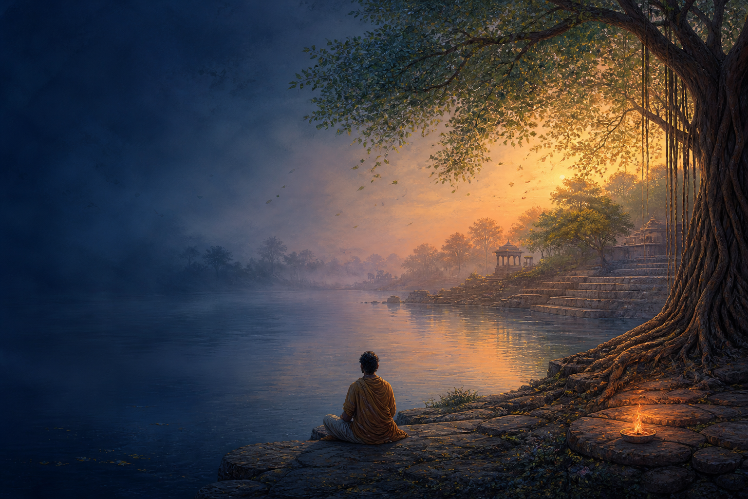A seated observer watches a misty river landscape become clearer in the light of dawn, with trees, stone, flame, and sky emerging into distinct form.