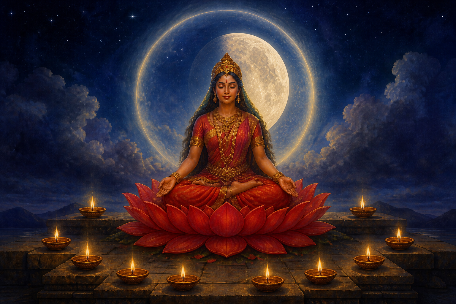An idealized goddess sits on a red lotus beneath a glowing moon, with ten small oil lamps on the steps before her.