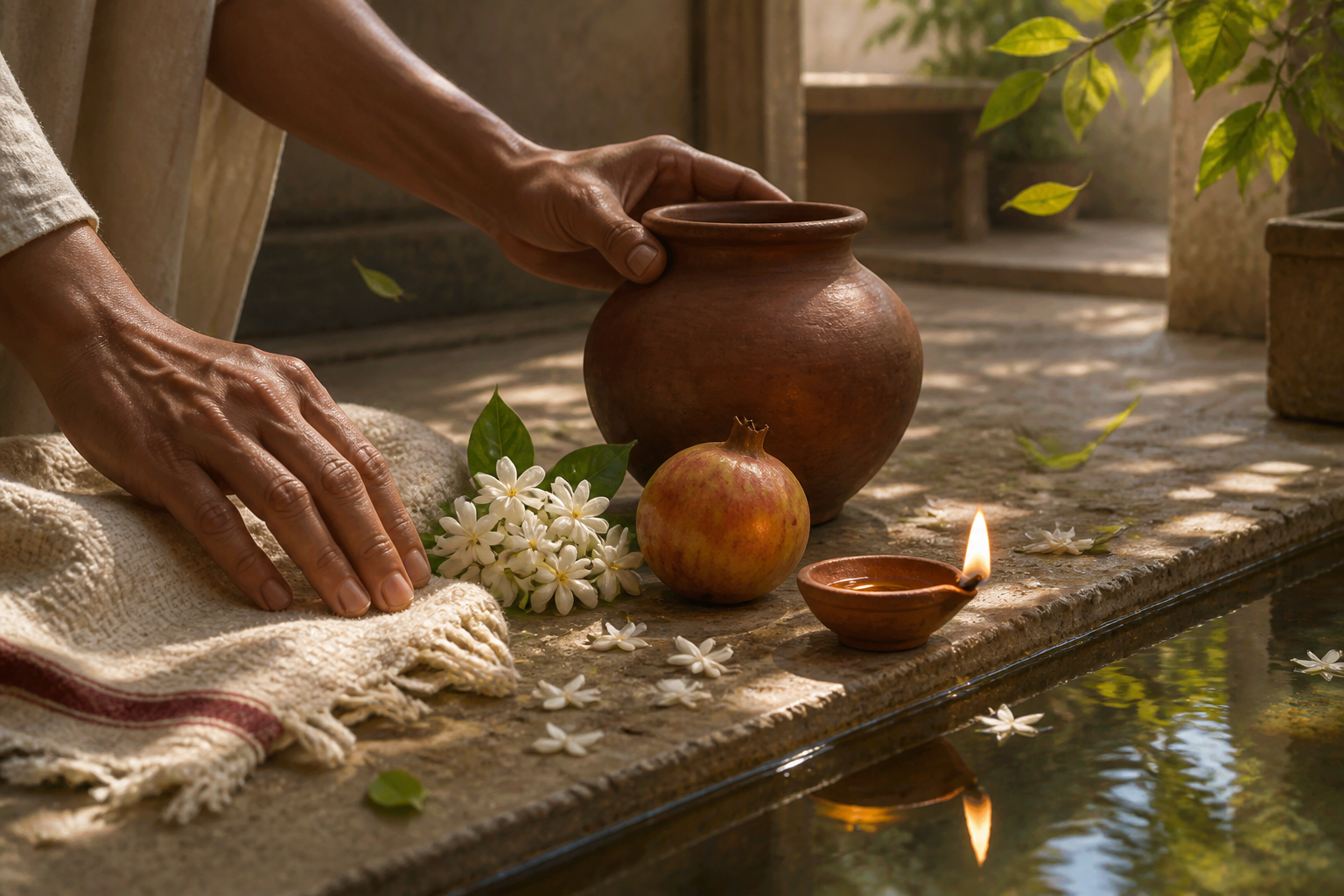 Hands examine cloth and a clay vessel in a courtyard still life with fruit, jasmine, an oil lamp, moving leaves, and reflections in water.
