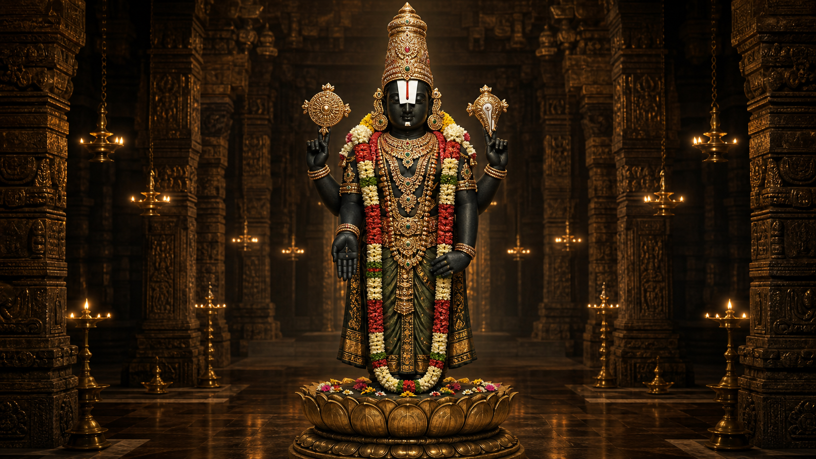 Front-facing illustration of Venkateshwara with four arms, a tall crown, Vaishnava forehead mark, gold ornaments and flower garlands in a lamplit temple setting.
