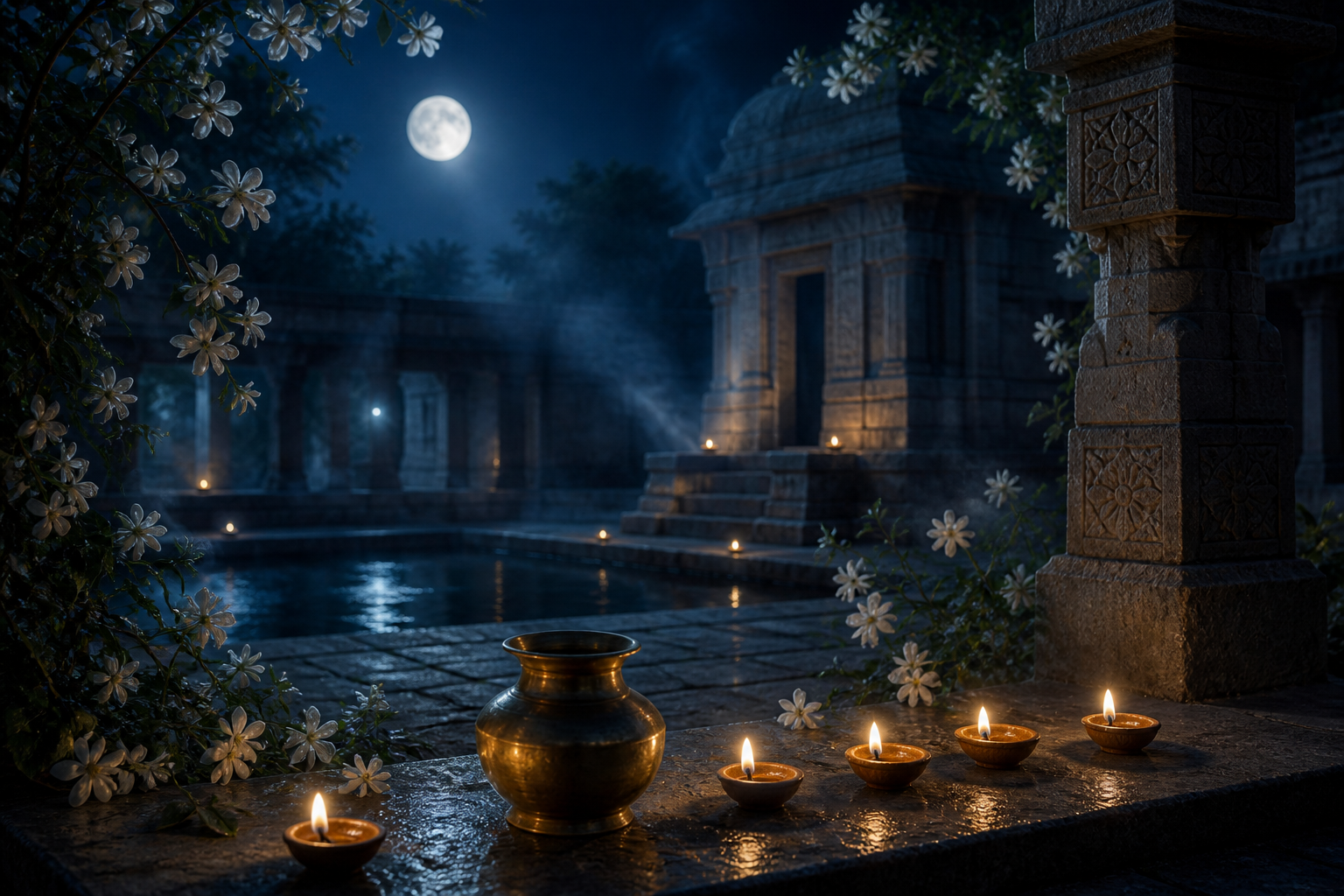 A near-gibbous moon shines over a stone temple courtyard with clay lamps, a brass vessel, jasmine flowers, and a reflecting pool.