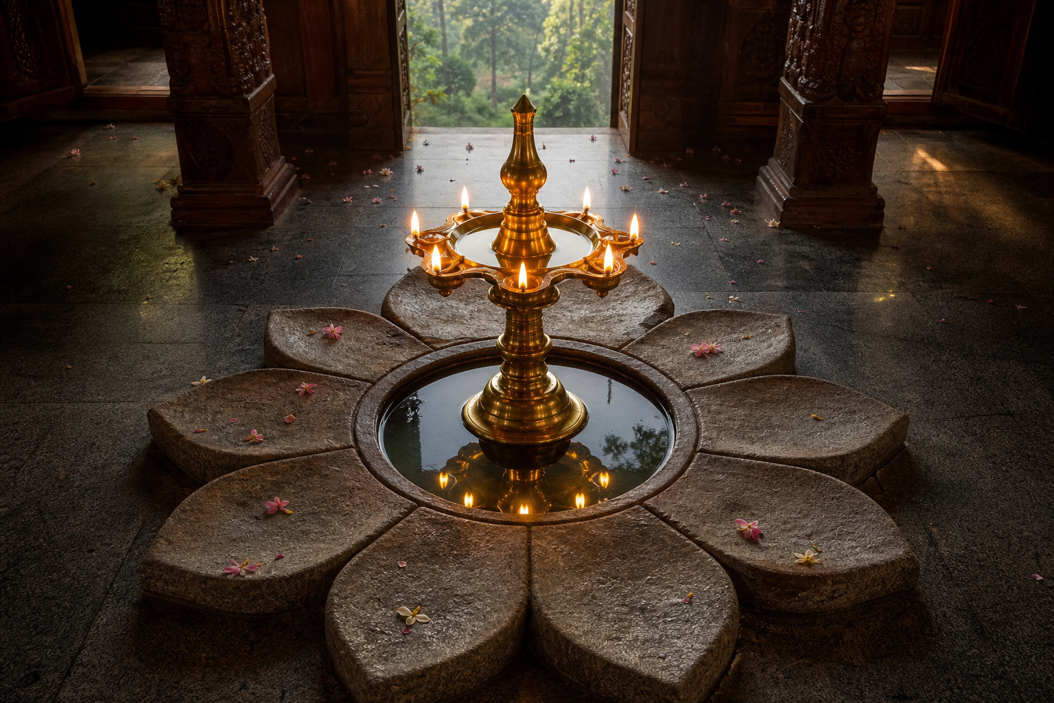 Eight flames surround one central brass lamp on an eight-petaled stone lotus inside a Kerala temple.