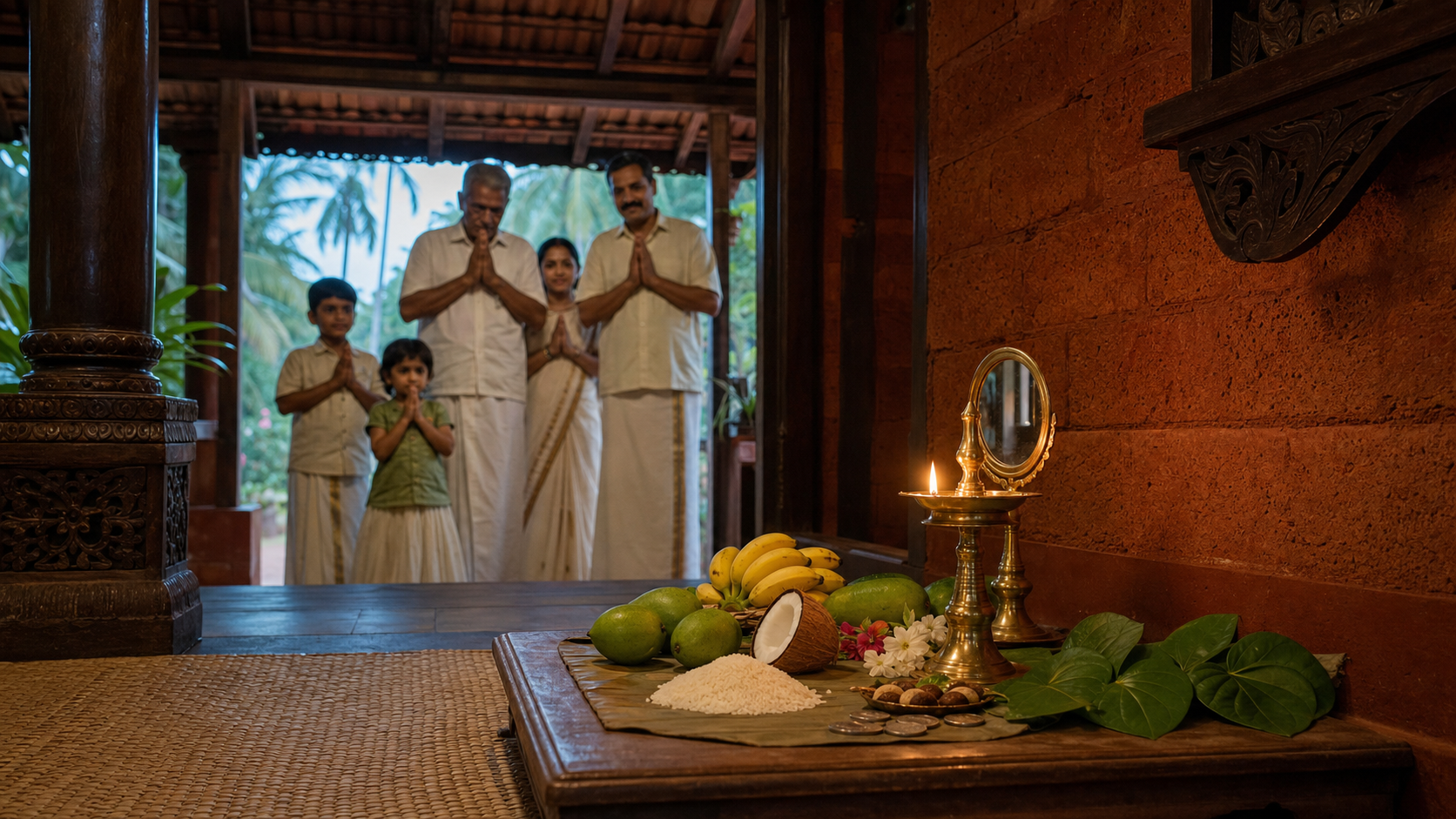 A Tuluva family views a lamp-lit Bisu Kani of rice, fruit, vegetables, flowers, a mirror and coins at dawn.