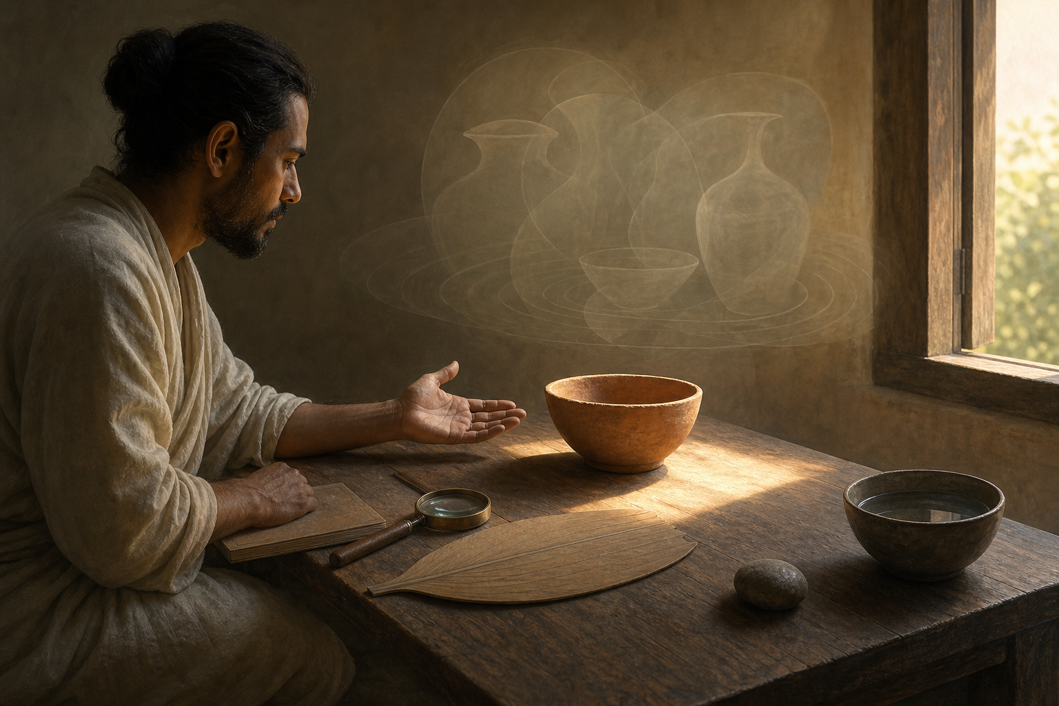 A seated reader carefully observes a clay bowl in morning light while faint abstract shapes hover behind it as possible interpretations.