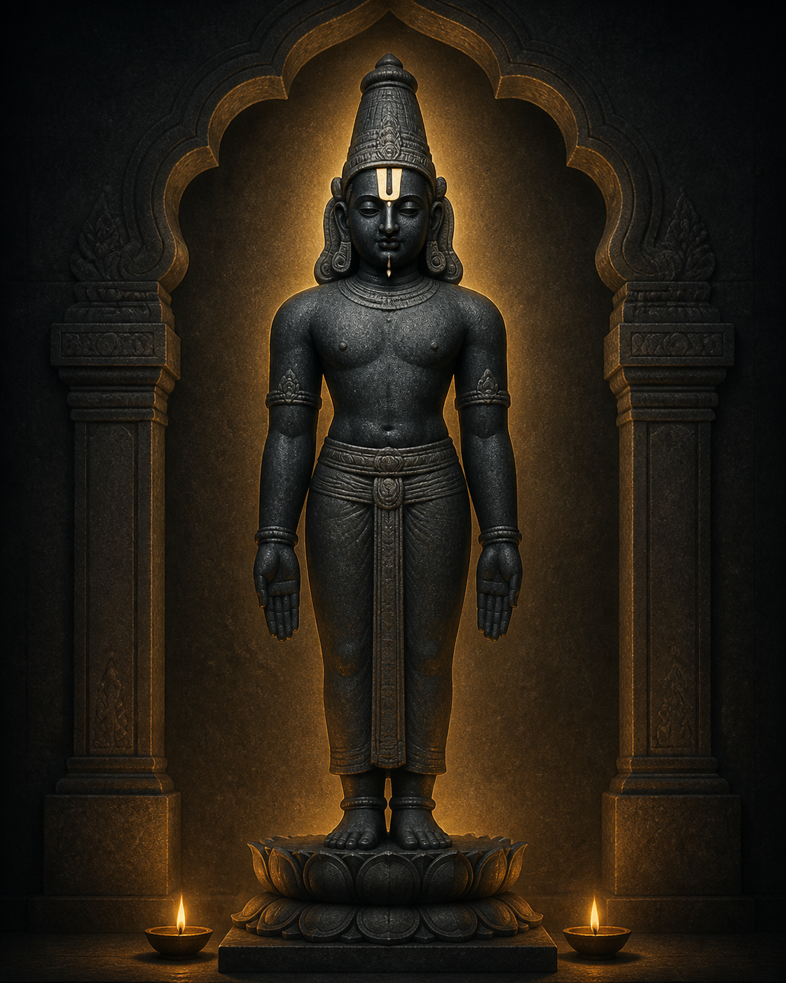 Simplified full-length depiction of Venkateshwara emphasizing the deity's upright, symmetrical standing posture on a lotus pedestal.