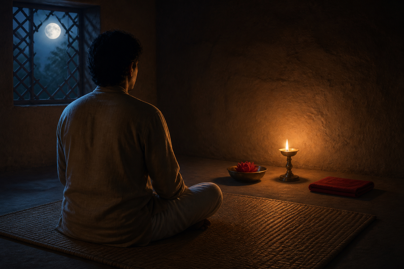 A seated practitioner quietly faces a lotus in a brass bowl and a single oil lamp in a moonlit shrine room.