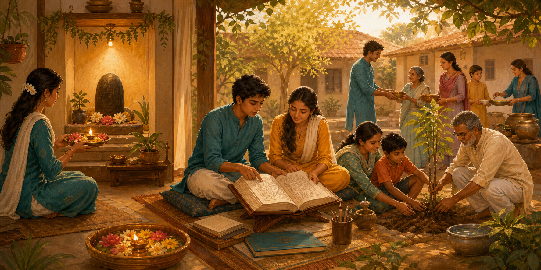 A panoramic scene shows a home offering, two people studying together, and community members planting a tree and sharing food.