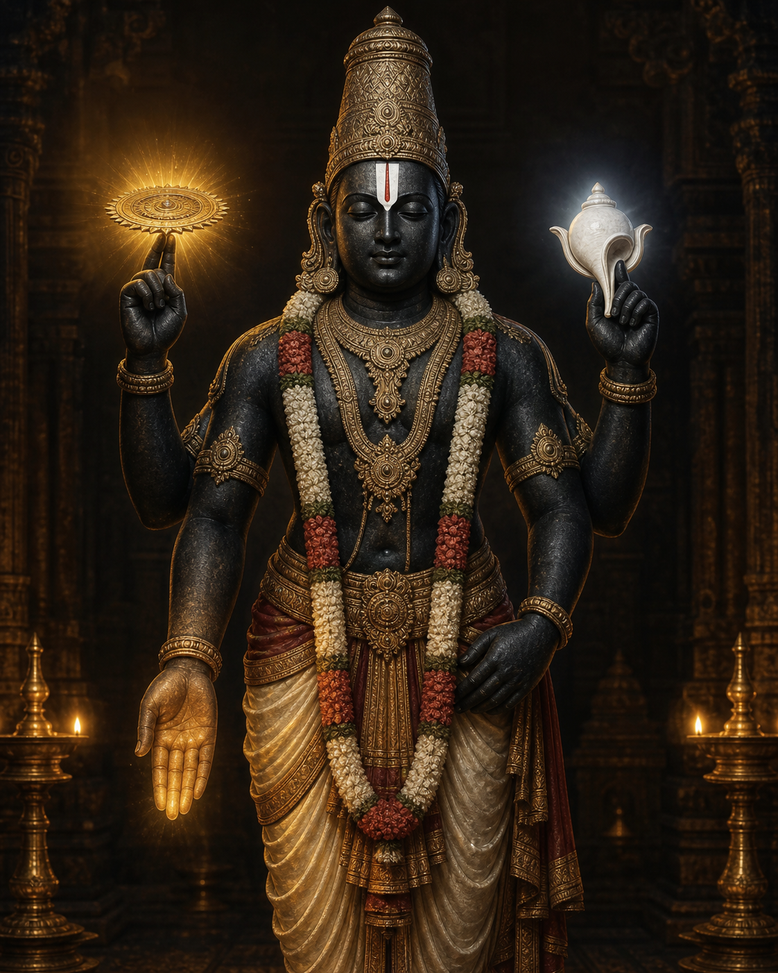 Venkateshwara shown with a discus and conch in the upper hands, a downward boon-giving right hand, and the lower left hand resting near the hip.