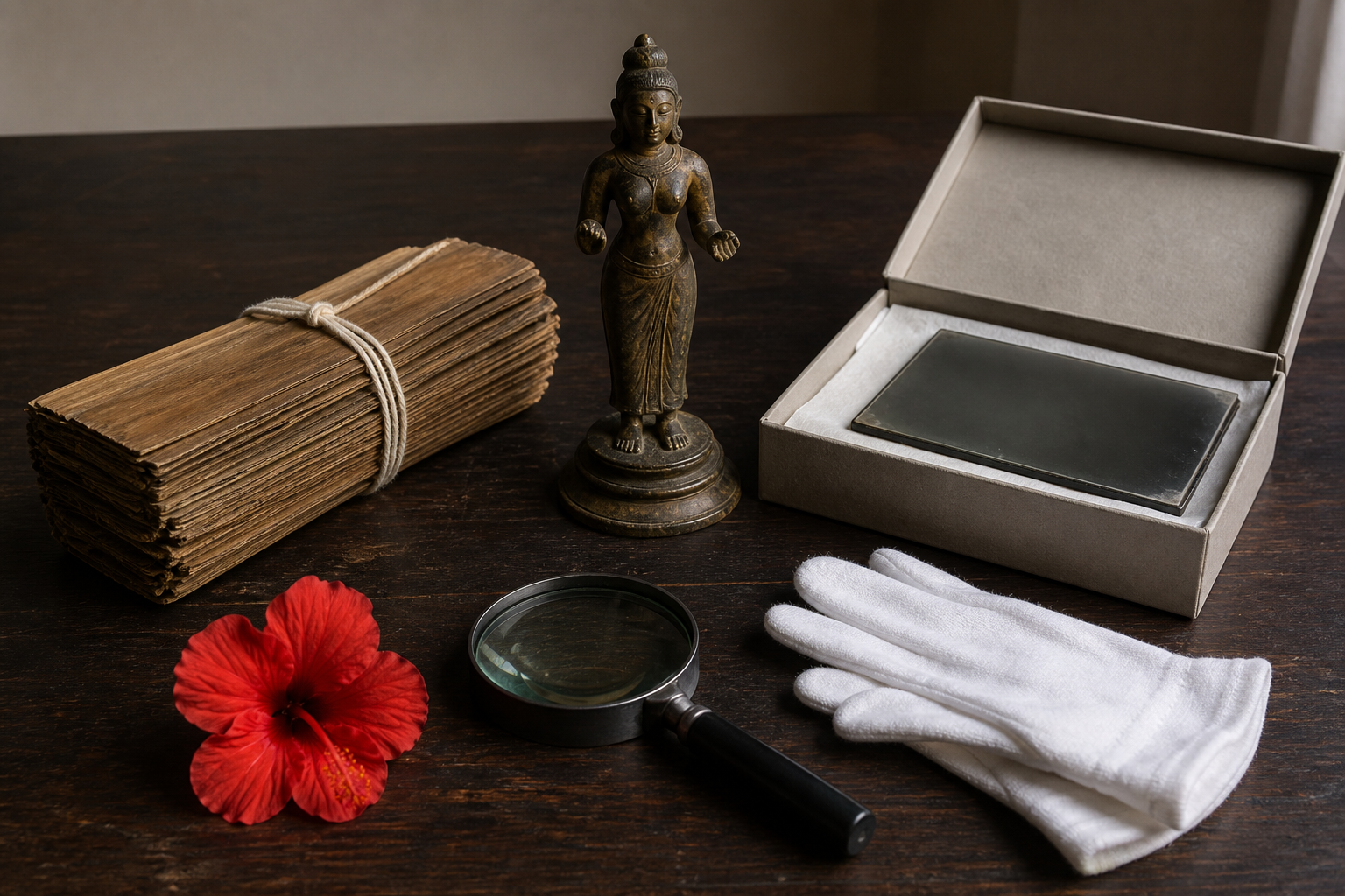 A study table holds a closed palm-leaf bundle, a small bronze goddess figure, an archival box, a magnifying lens, gloves, and a red flower.