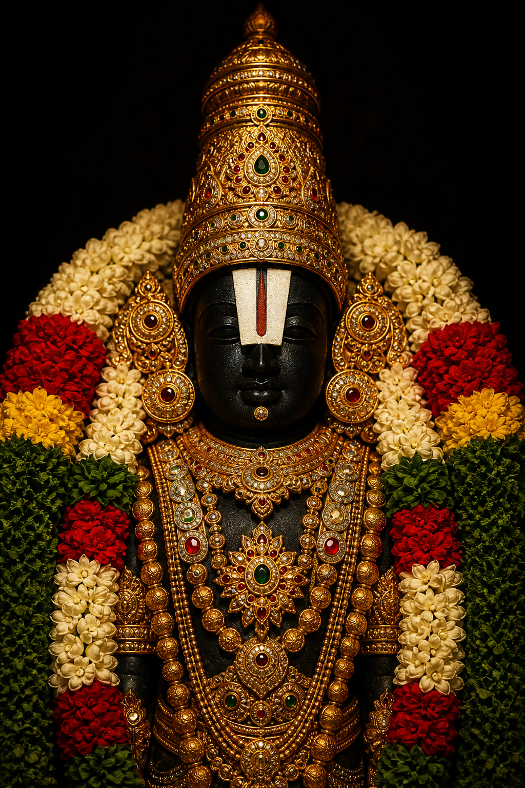 Upper-body portrait of Venkateshwara showing the white Vaishnava forehead mark, tall crown, chest ornaments and long multicolored flower garlands.