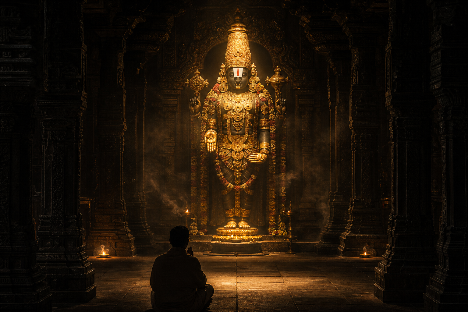 A devotee observes Venkateshwara in a quiet temple as soft light draws attention from the standing form and hands to the forehead, chest, crown and garlands.