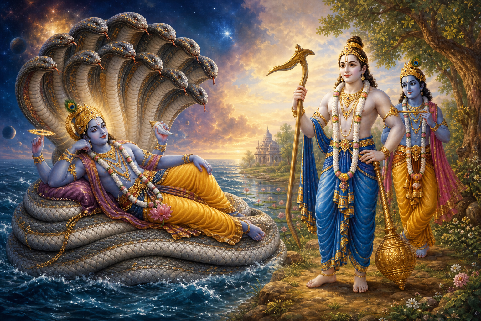 Adishesha supporting reclining Vishnu with his coils and many hoods beside Balarama holding a plough near Krishna.