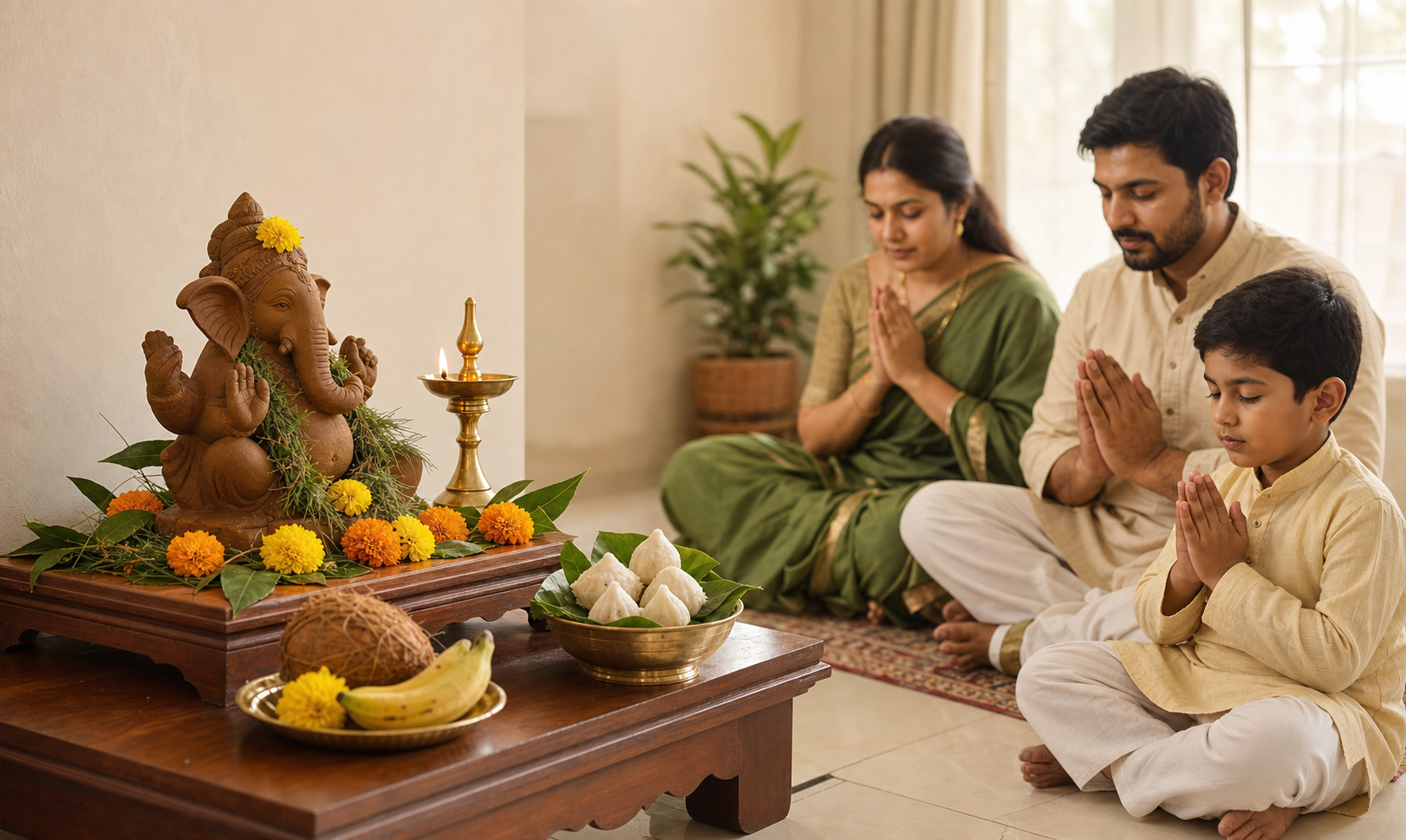 A Telugu family prays before a clay Ganesha murti on a home altar with flowers, fruit, a coconut, durva grass, and a brass lamp.