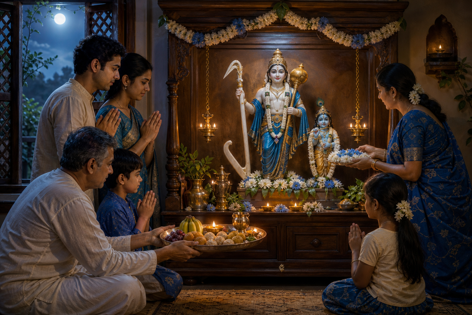 A family offering flowers, fruit, sweets, water, and an oil lamp before a home shrine of Balarama and Krishna during an evening observance.