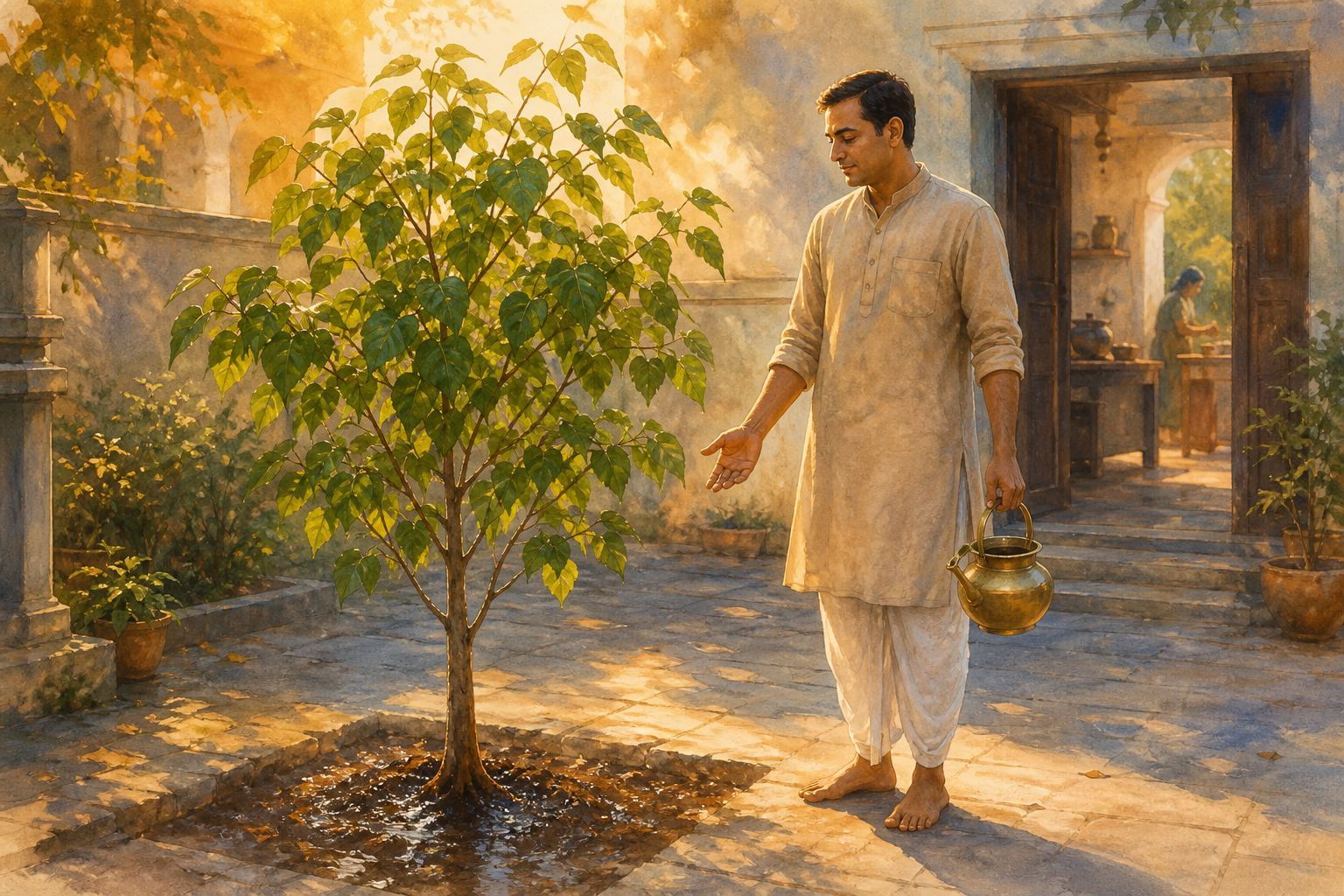 A South Asian householder holds a brass watering vessel beside a young tree in a peaceful courtyard at dawn.
