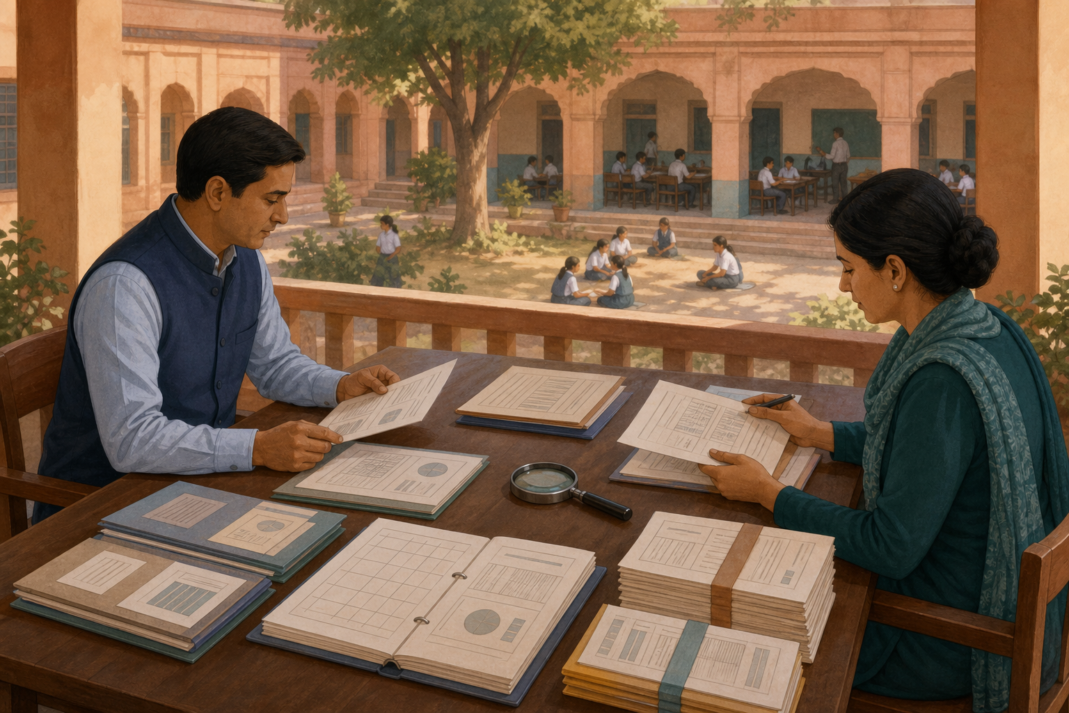 An administrator and an investigator calmly review financial and student-record folders at a desk beside a school courtyard.