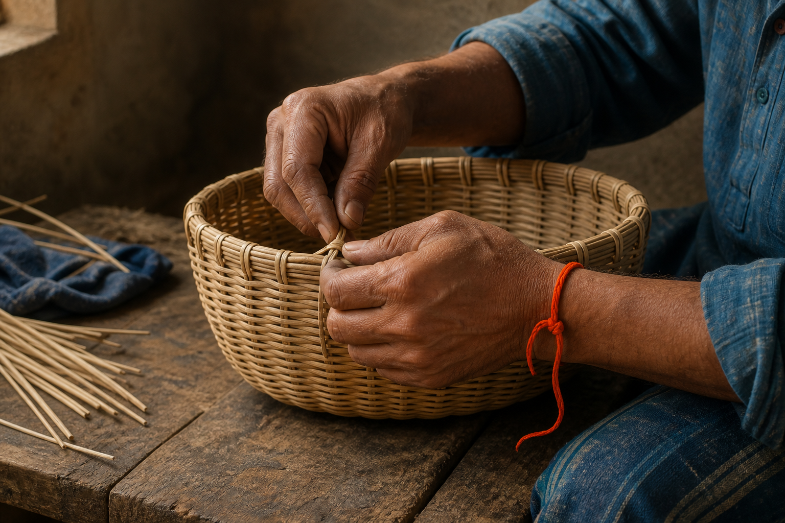 Hands finish weaving a reed basket as a silk cord loosens from one wrist.