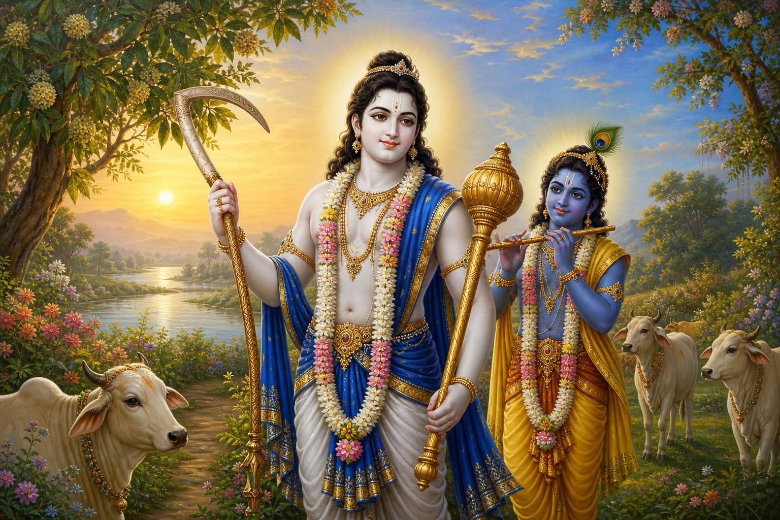 Fair-complexioned Lord Balarama in blue garments stands in Vrindavan holding a plough and mace beside blue-complexioned Lord Krishna with a flute.